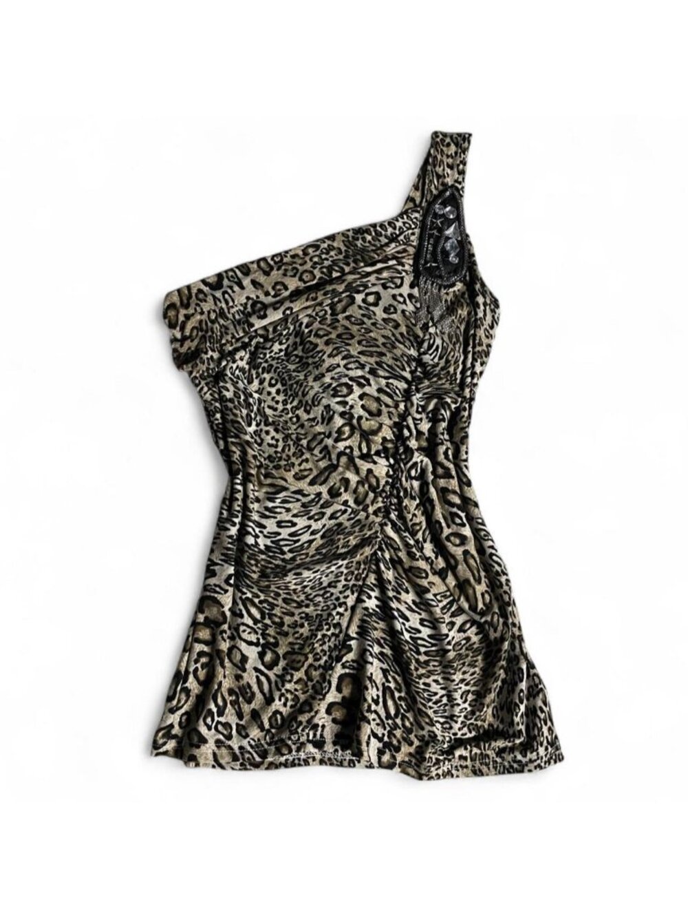 Y2K leopard print one shoulder top with beaded and chain embellishments